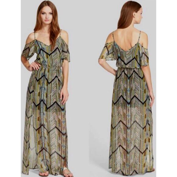 NWT Ella Moss Colorful Mazatlan Off Shoulder Silk Maxi Dress Adj Straps Med - Picture 1 of 16